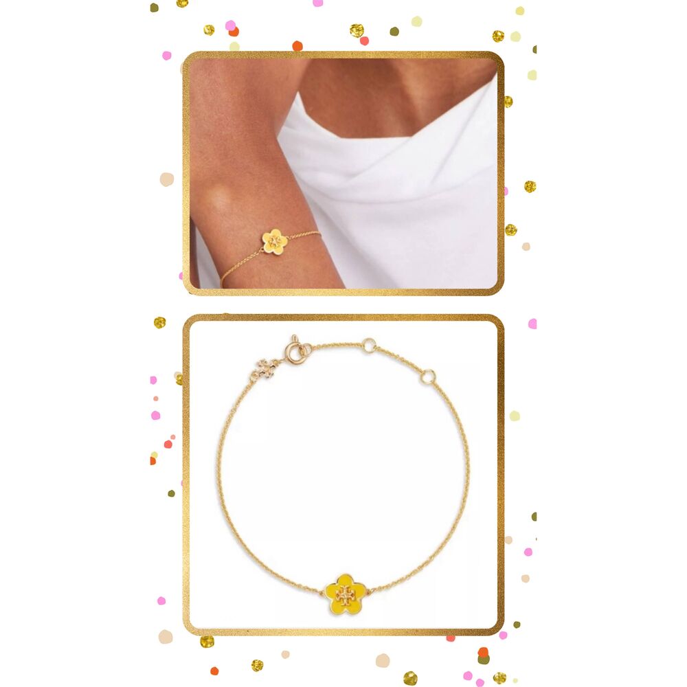 TORY BURCH Kira Yellow Enamel Flower Logo T Gold Chain Bracelet